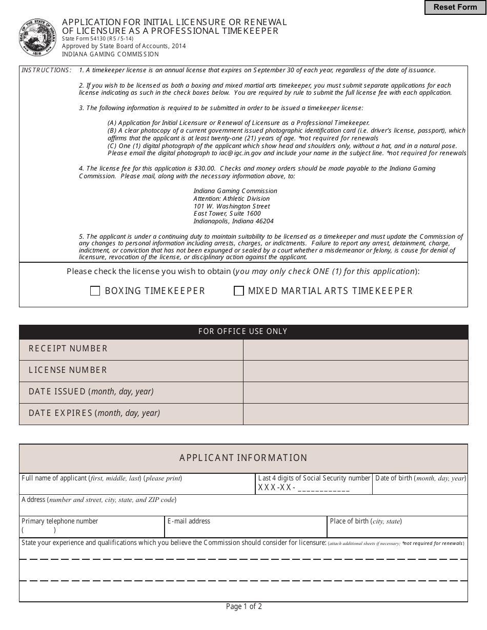 State Form 54130 Application for Initial Licensure or Renewal of Licensure as a Professional Timekeeper - Indiana, Page 1