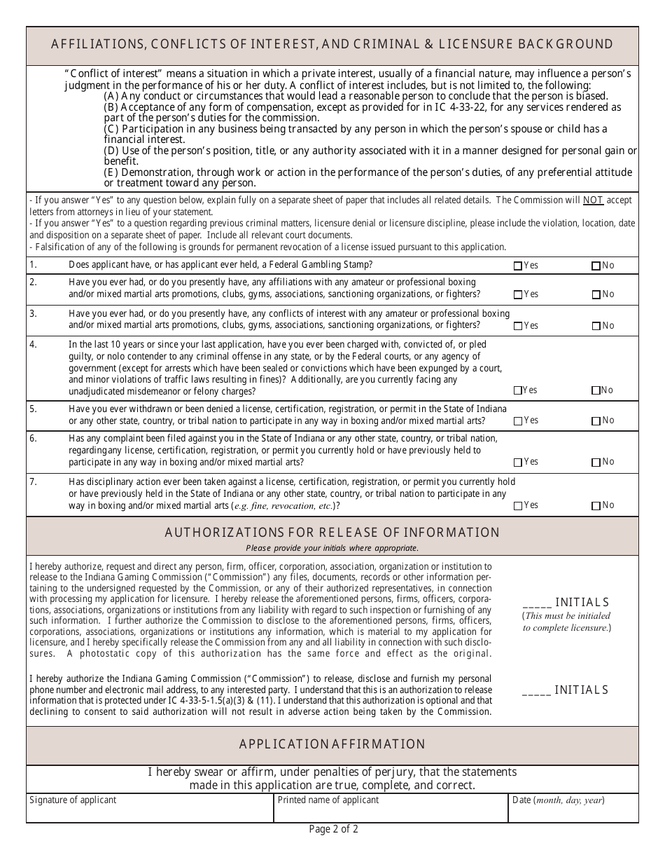 State Form 54130 Application for Initial Licensure or Renewal of Licensure as a Professional Timekeeper - Indiana, Page 2