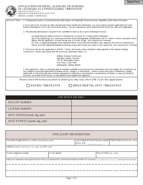 State Form 54130 Application for Initial Licensure or Renewal of Licensure as a Professional Timekeeper - Indiana