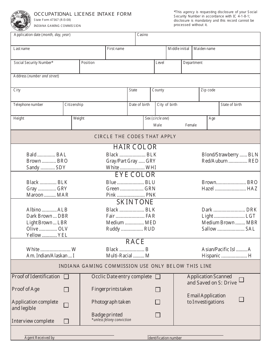 State Form 47367 Occupational License Intake Form - Indiana, Page 1