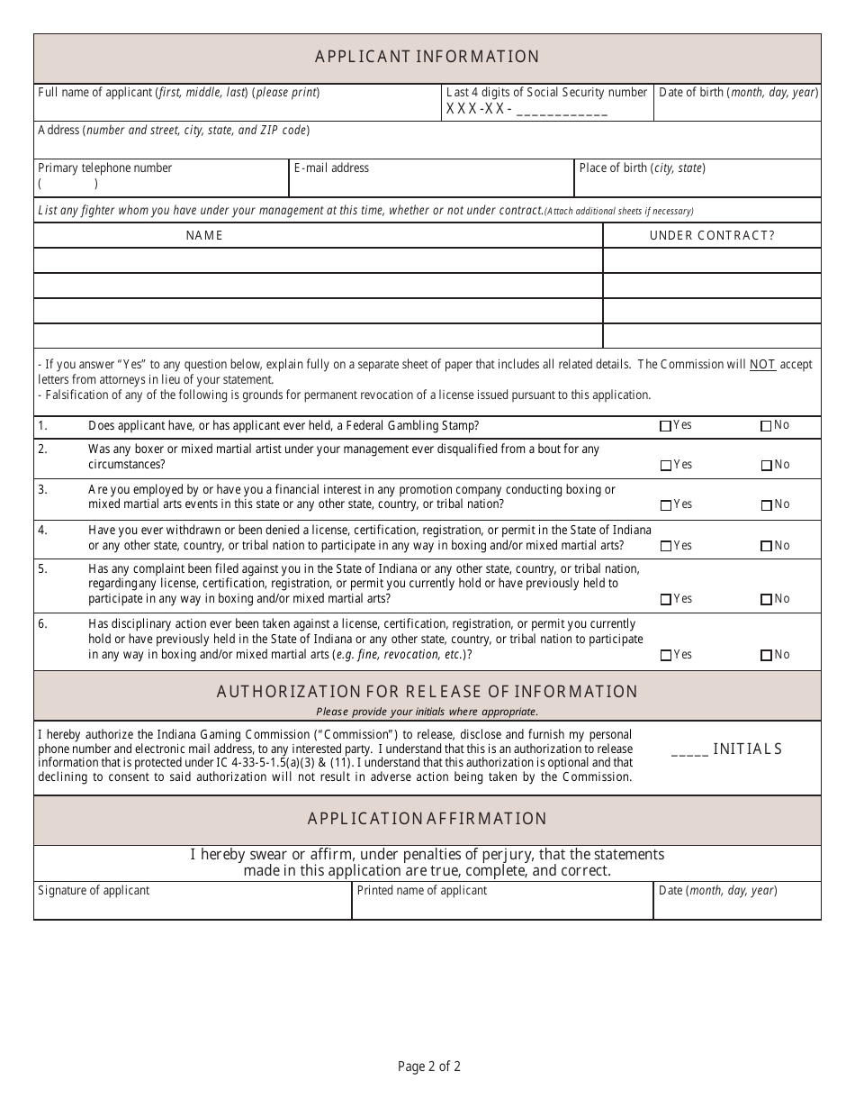 State Form 54127 Application for Initial Licensure or Renewal of Licensure as a Manager of a Professional Fighter - Indiana, Page 2