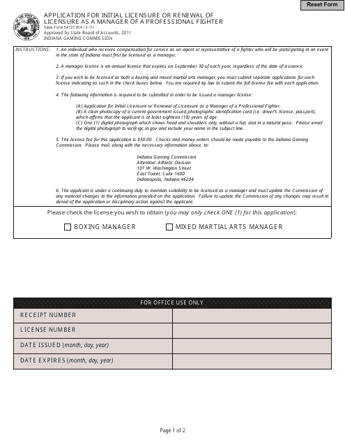State Form 54127 Application for Initial Licensure or Renewal of Licensure as a Manager of a Professional Fighter - Indiana