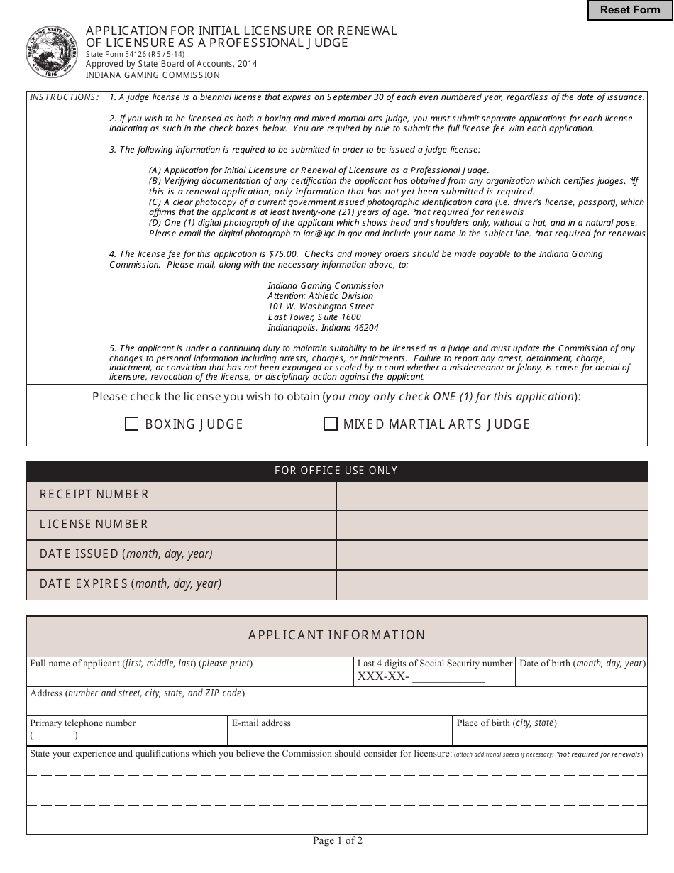 State Form 54126 Application for Initial Licensure or Renewal of Licensure as a Professional Judge - Indiana, Page 1