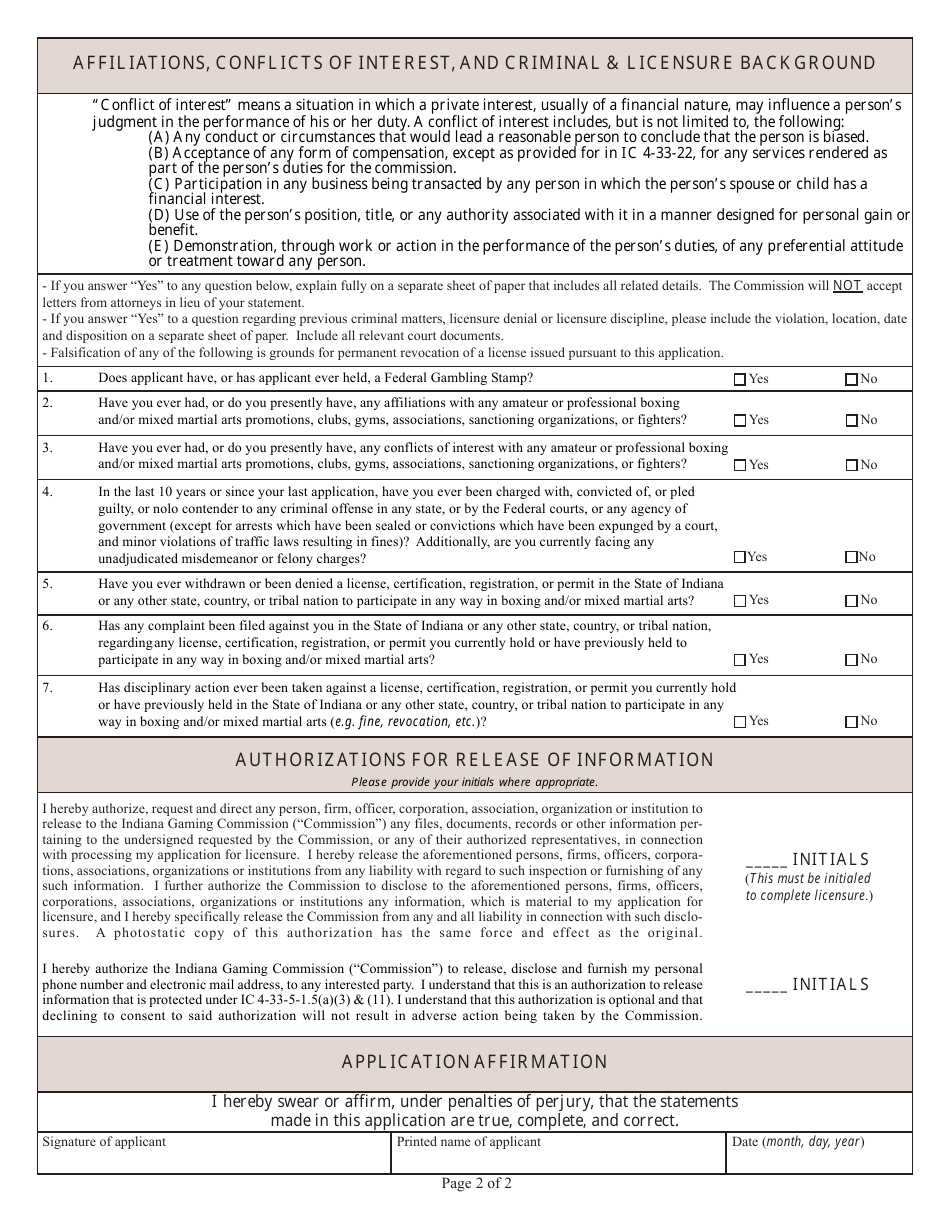State Form 54126 Application for Initial Licensure or Renewal of Licensure as a Professional Judge - Indiana, Page 2