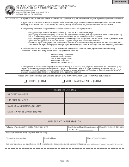 State Form 54126 Application for Initial Licensure or Renewal of Licensure as a Professional Judge - Indiana