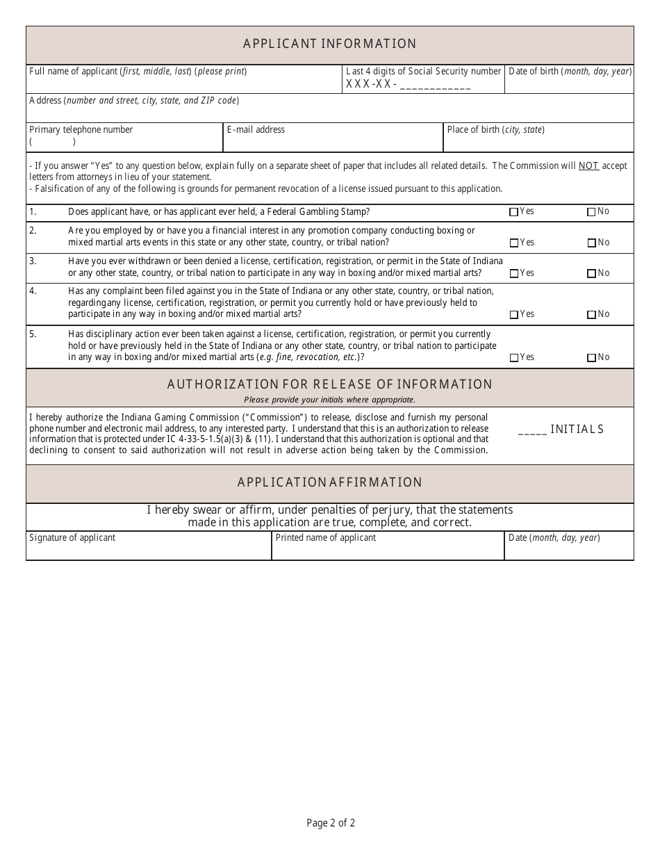 State Form 54129 Application for Initial Licensure or Renewal of Licensure as a Second for a Professional Fighter - Indiana, Page 2