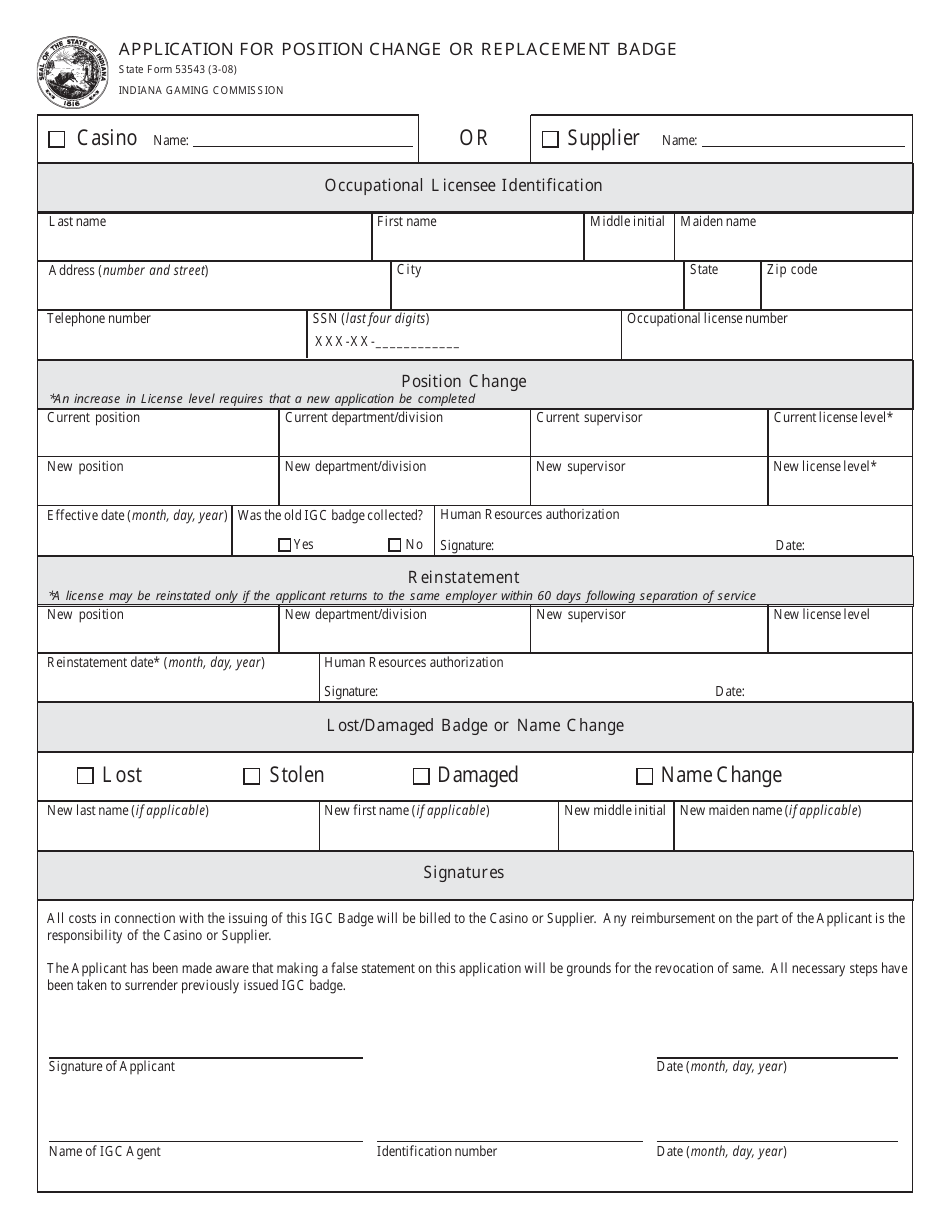 State Form 53543 Application for Position Change or Replacement Badge - Indiana, Page 1