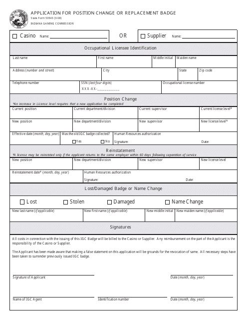 State Form 53543 Application for Position Change or Replacement Badge - Indiana