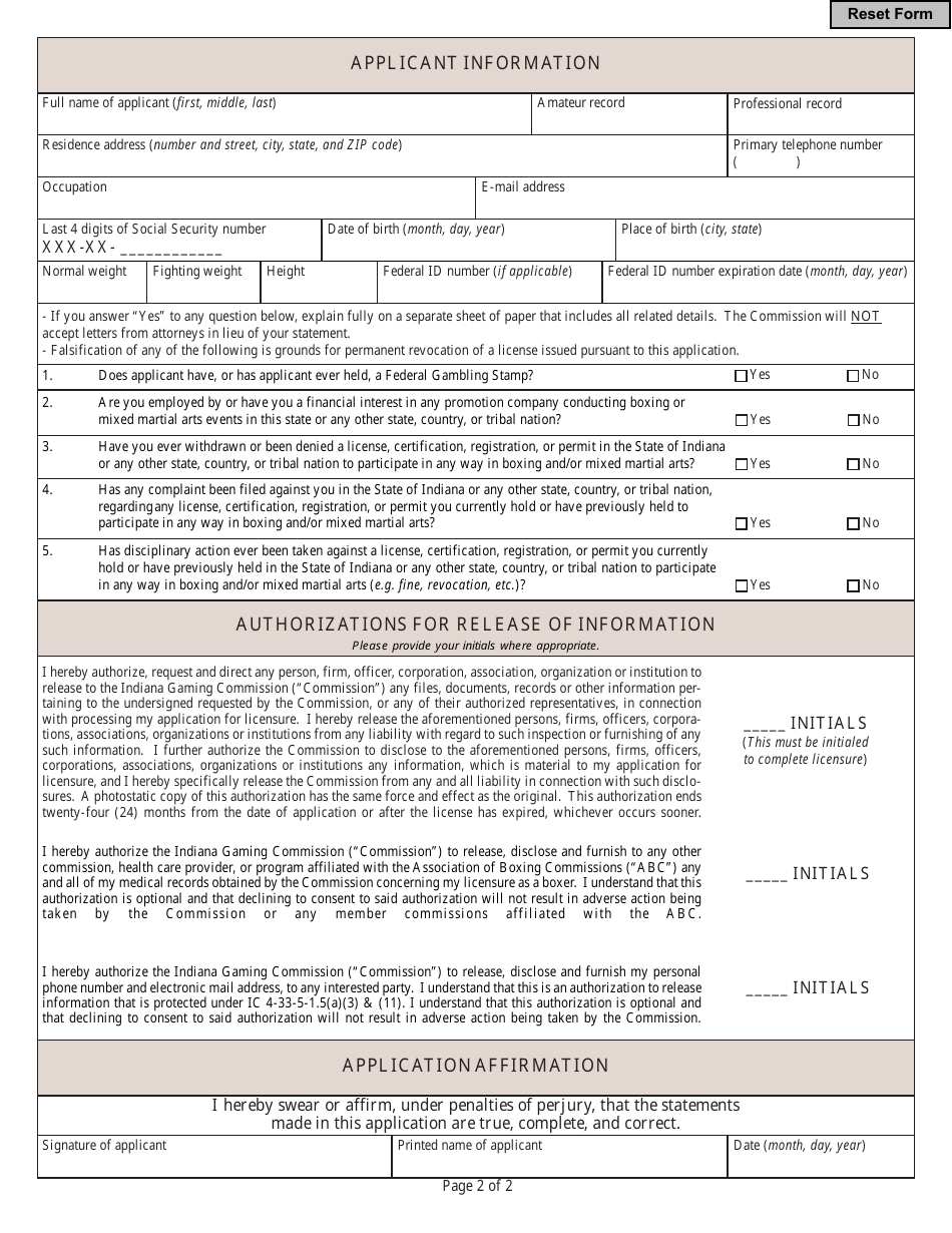 State Form 45727 Application for Initial Licensure or Renewal of Licensure as a Professional Boxer - Indiana, Page 2