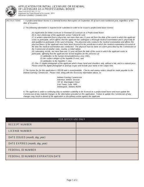 State Form 45727 Application for Initial Licensure or Renewal of Licensure as a Professional Boxer - Indiana