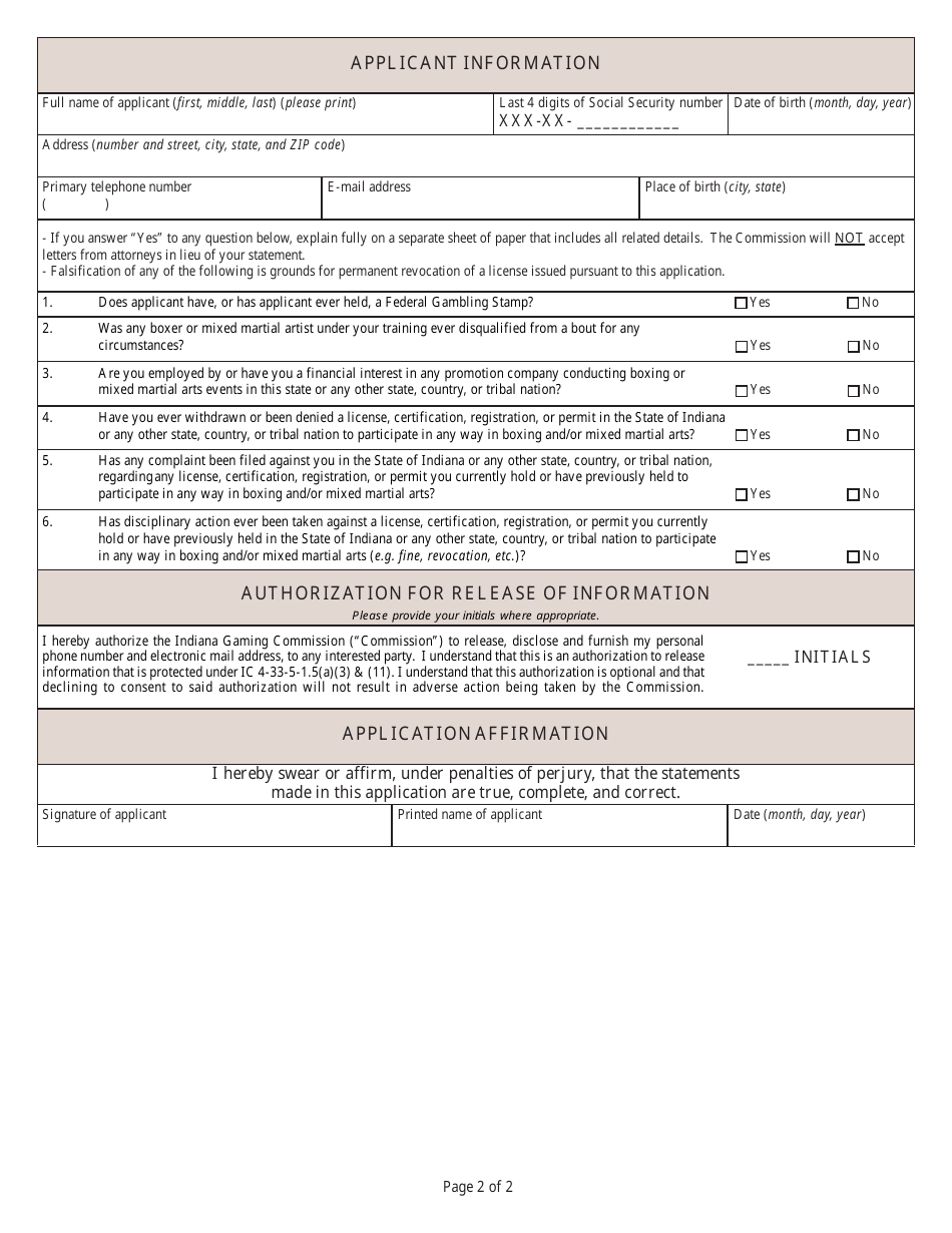 State Form 45729 Application for Initial Licensure or Renewal of Licensure as a Trainer of a Professional Fighter - Indiana, Page 2