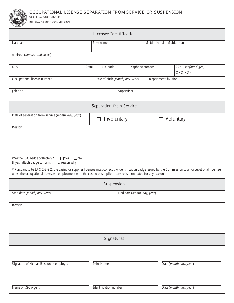 State Form 51891 Occupational License Separation From Service or Suspension - Indiana, Page 1
