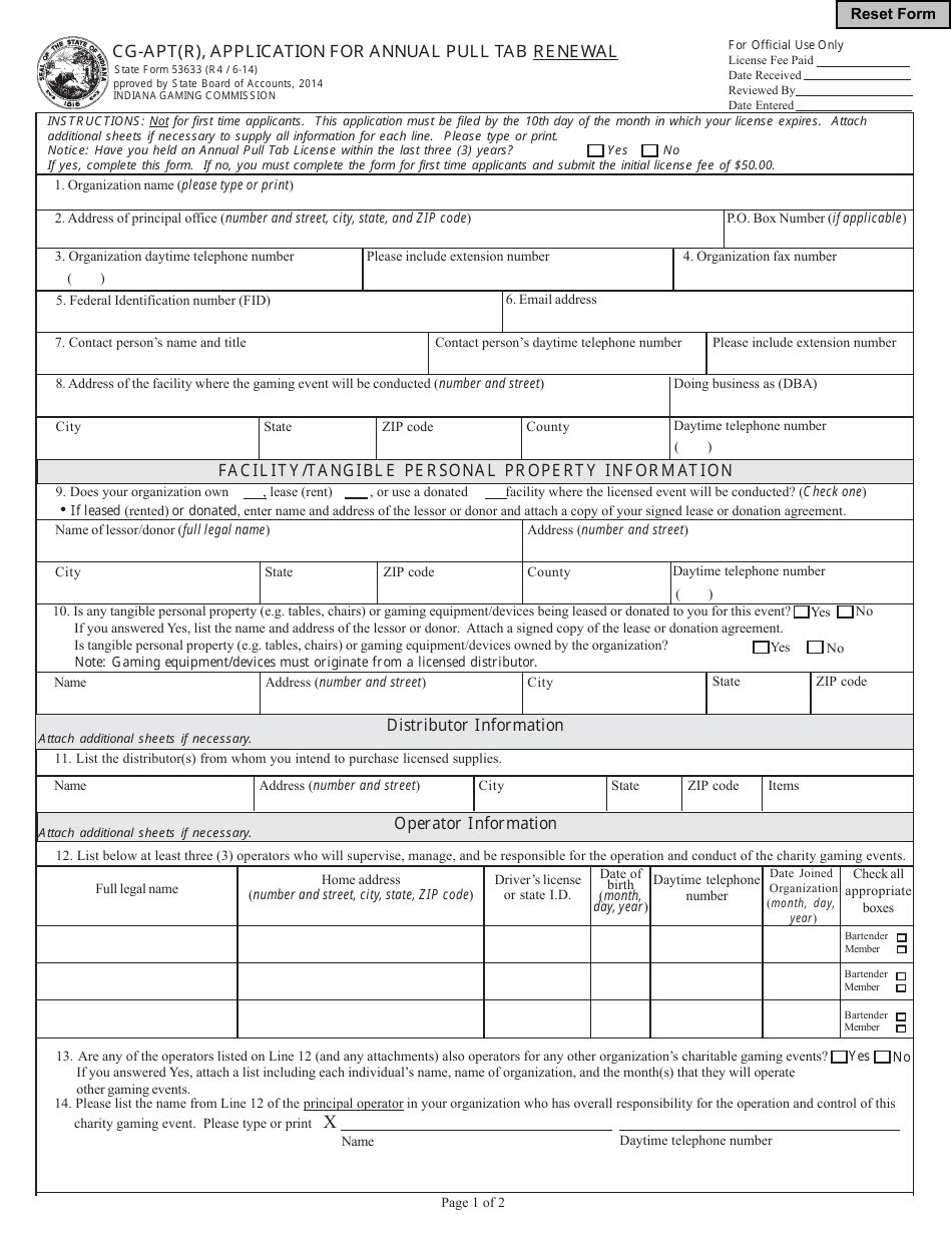 State Form 53633 Cg-Apt(R), Application for Annual Pull Tab Renewal - Indiana, Page 1