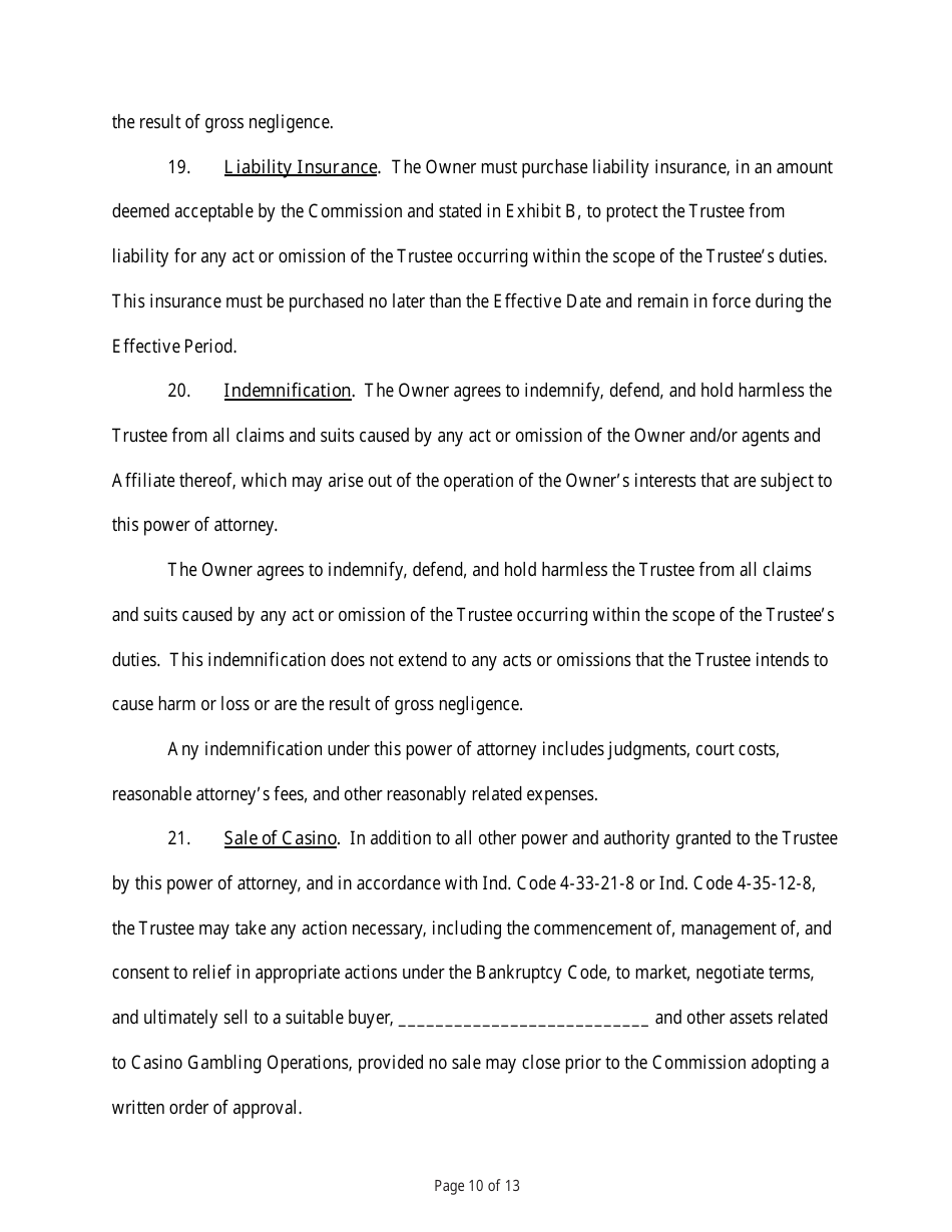 State Form 54218 Power of Attorney for the Designation and Appointment of a Trustee for the Purposes of Conducting Casino Gambling Operations - Indiana, Page 10