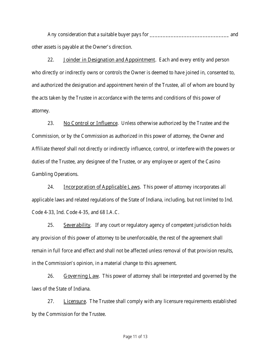 State Form 54218 Power of Attorney for the Designation and Appointment of a Trustee for the Purposes of Conducting Casino Gambling Operations - Indiana, Page 11