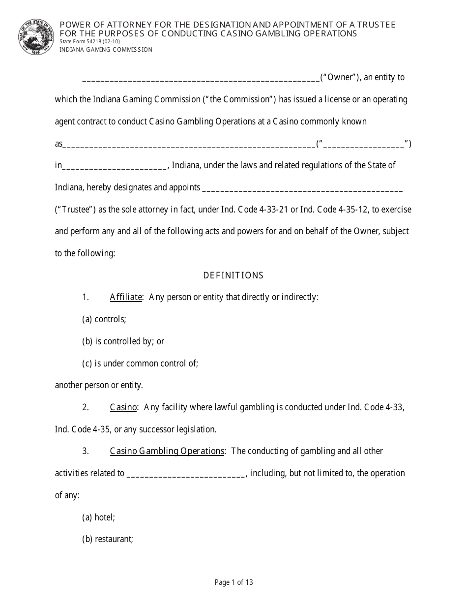 State Form 54218 Power of Attorney for the Designation and Appointment of a Trustee for the Purposes of Conducting Casino Gambling Operations - Indiana, Page 1