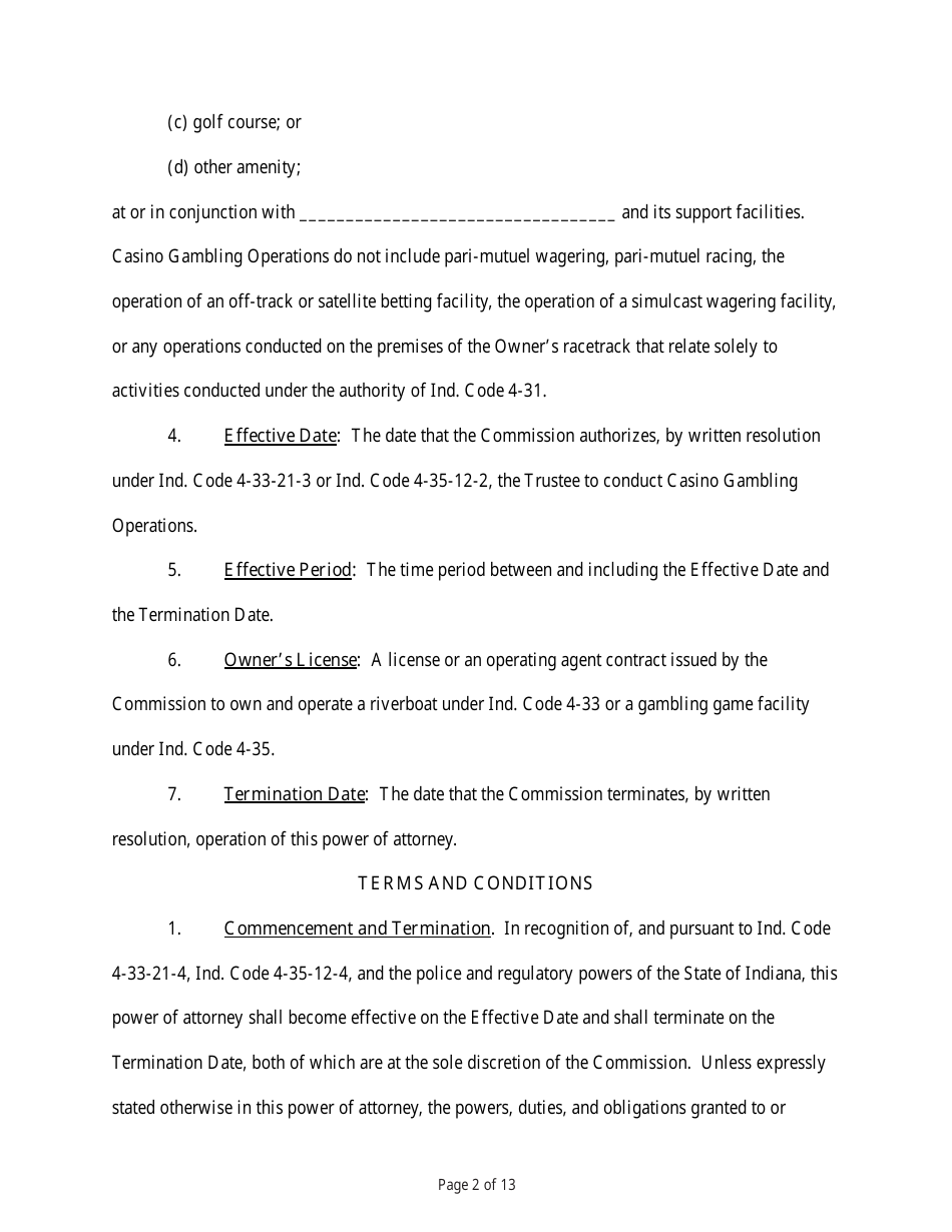 State Form 54218 Power of Attorney for the Designation and Appointment of a Trustee for the Purposes of Conducting Casino Gambling Operations - Indiana, Page 2