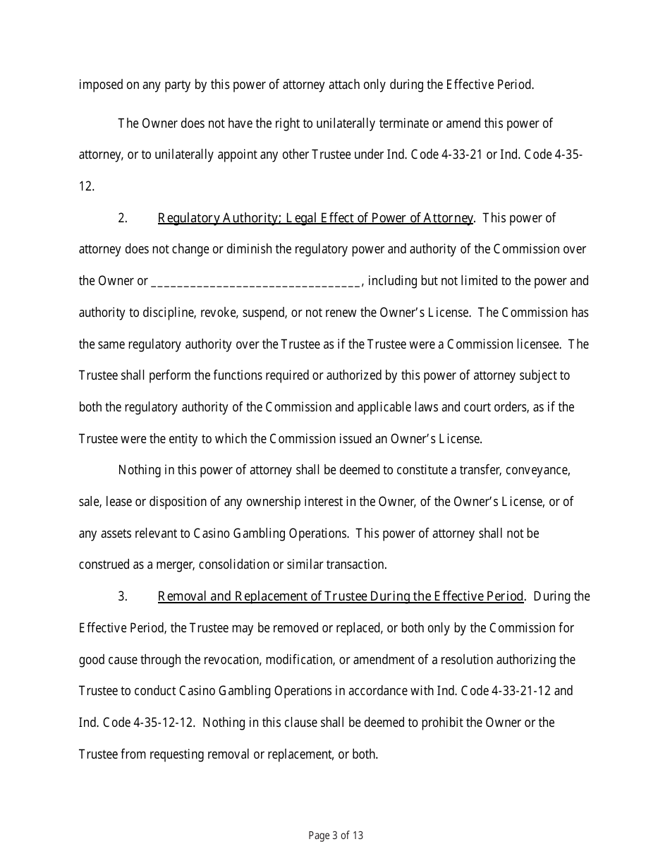 State Form 54218 Power of Attorney for the Designation and Appointment of a Trustee for the Purposes of Conducting Casino Gambling Operations - Indiana, Page 3