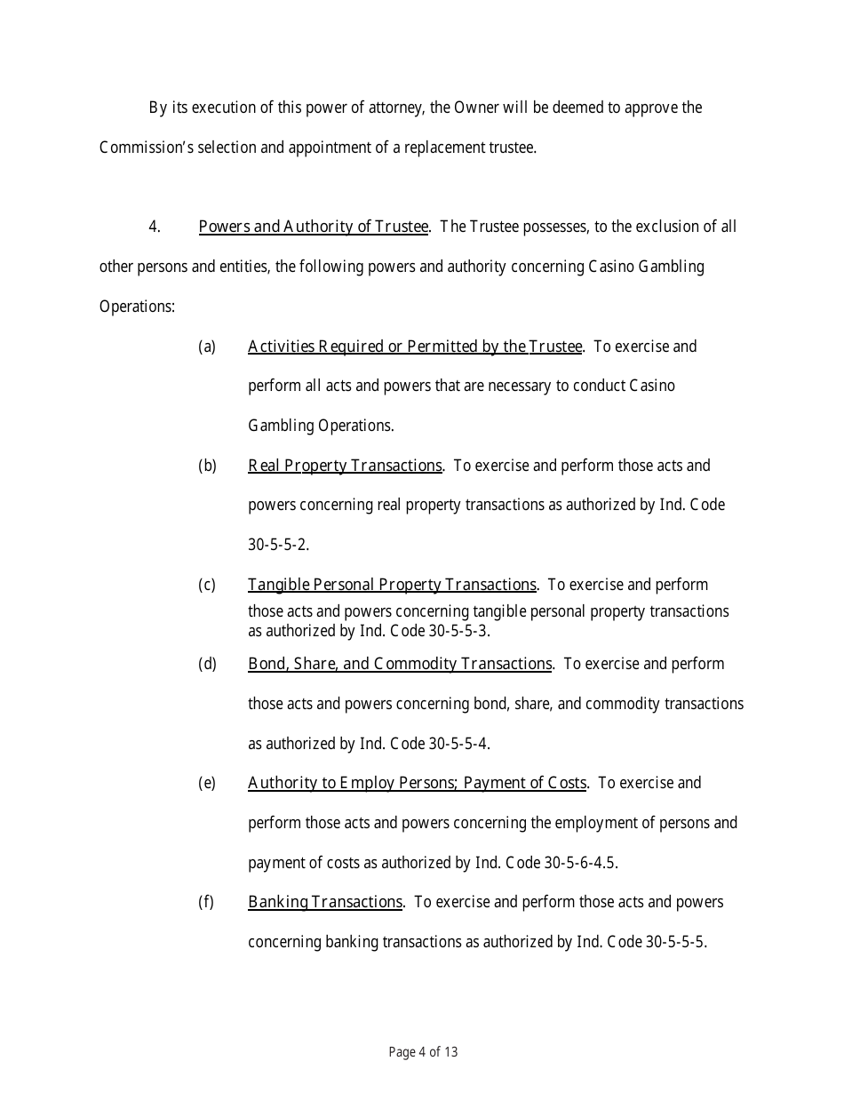 State Form 54218 Power of Attorney for the Designation and Appointment of a Trustee for the Purposes of Conducting Casino Gambling Operations - Indiana, Page 4