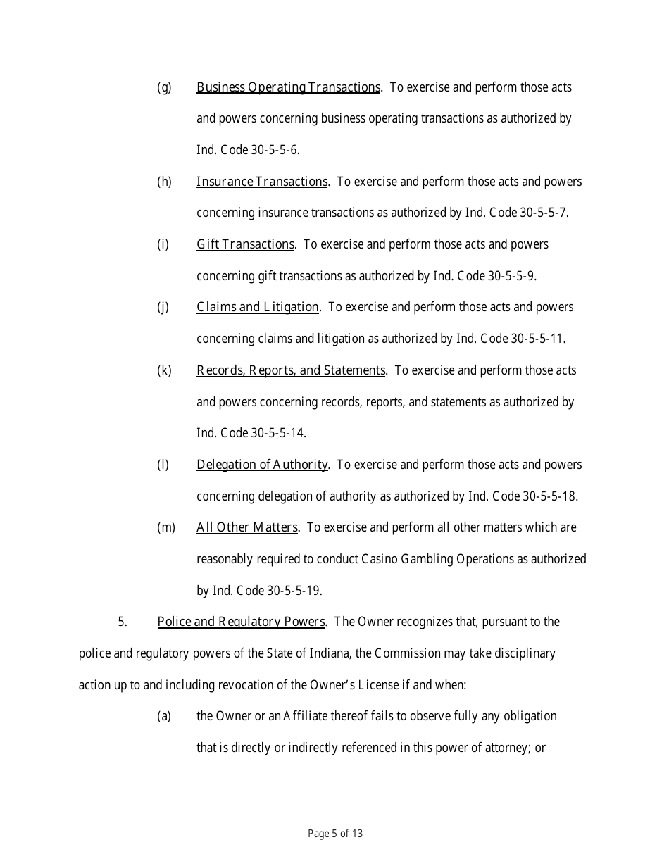 State Form 54218 Power of Attorney for the Designation and Appointment of a Trustee for the Purposes of Conducting Casino Gambling Operations - Indiana, Page 5