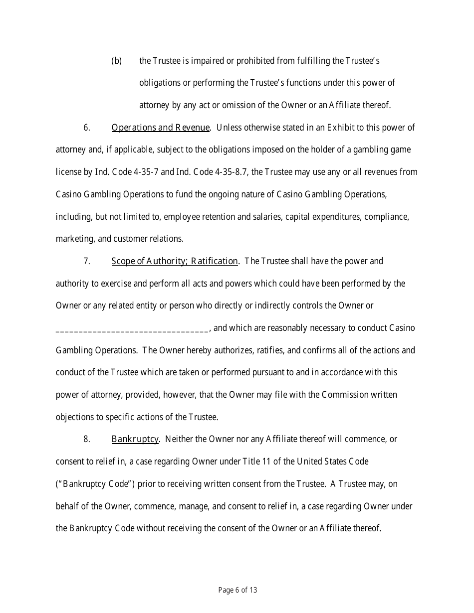 State Form 54218 Power of Attorney for the Designation and Appointment of a Trustee for the Purposes of Conducting Casino Gambling Operations - Indiana, Page 6