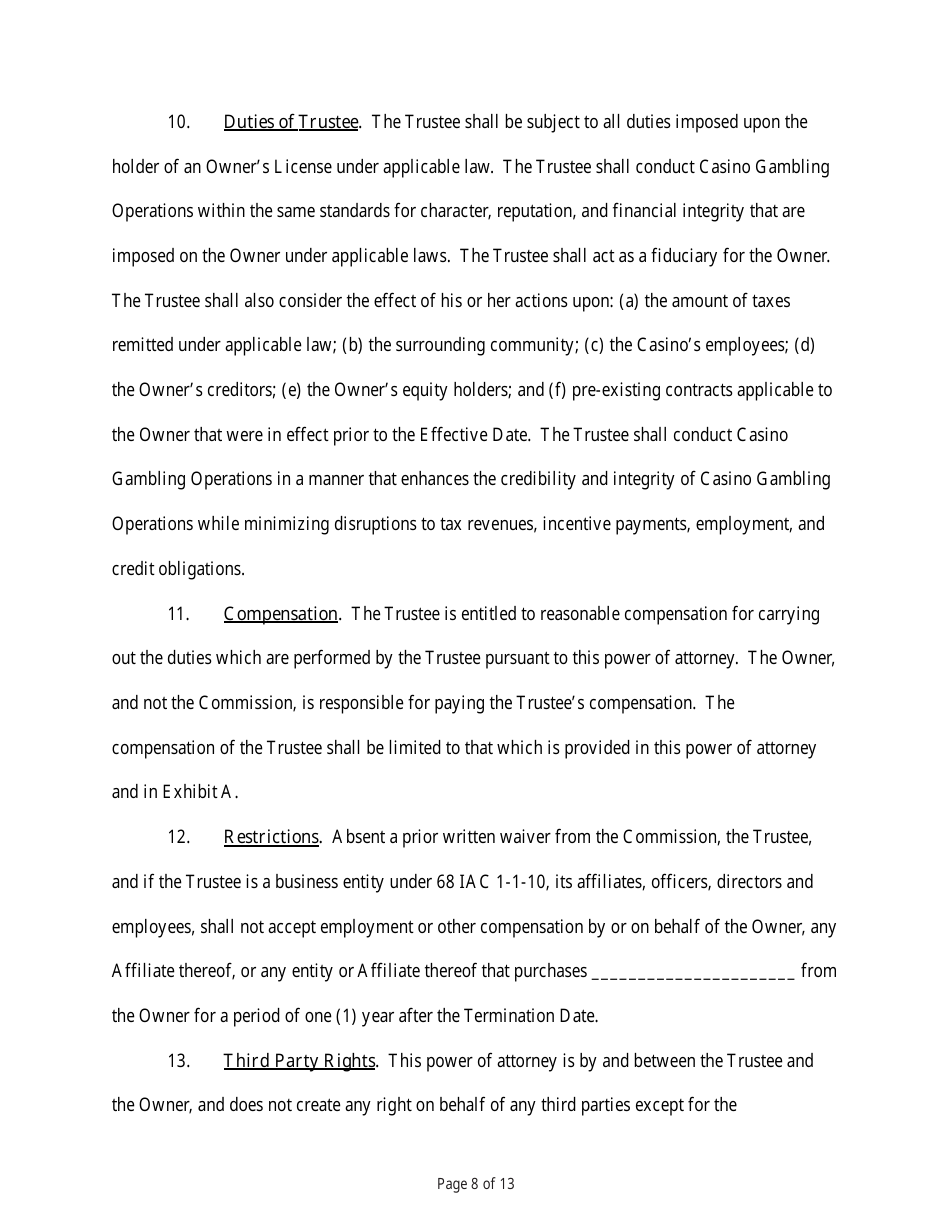 State Form 54218 Power of Attorney for the Designation and Appointment of a Trustee for the Purposes of Conducting Casino Gambling Operations - Indiana, Page 8