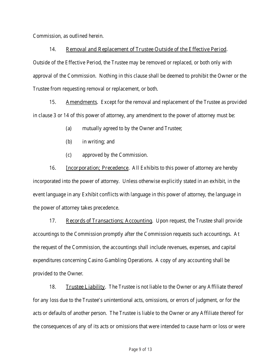 State Form 54218 Power of Attorney for the Designation and Appointment of a Trustee for the Purposes of Conducting Casino Gambling Operations - Indiana, Page 9