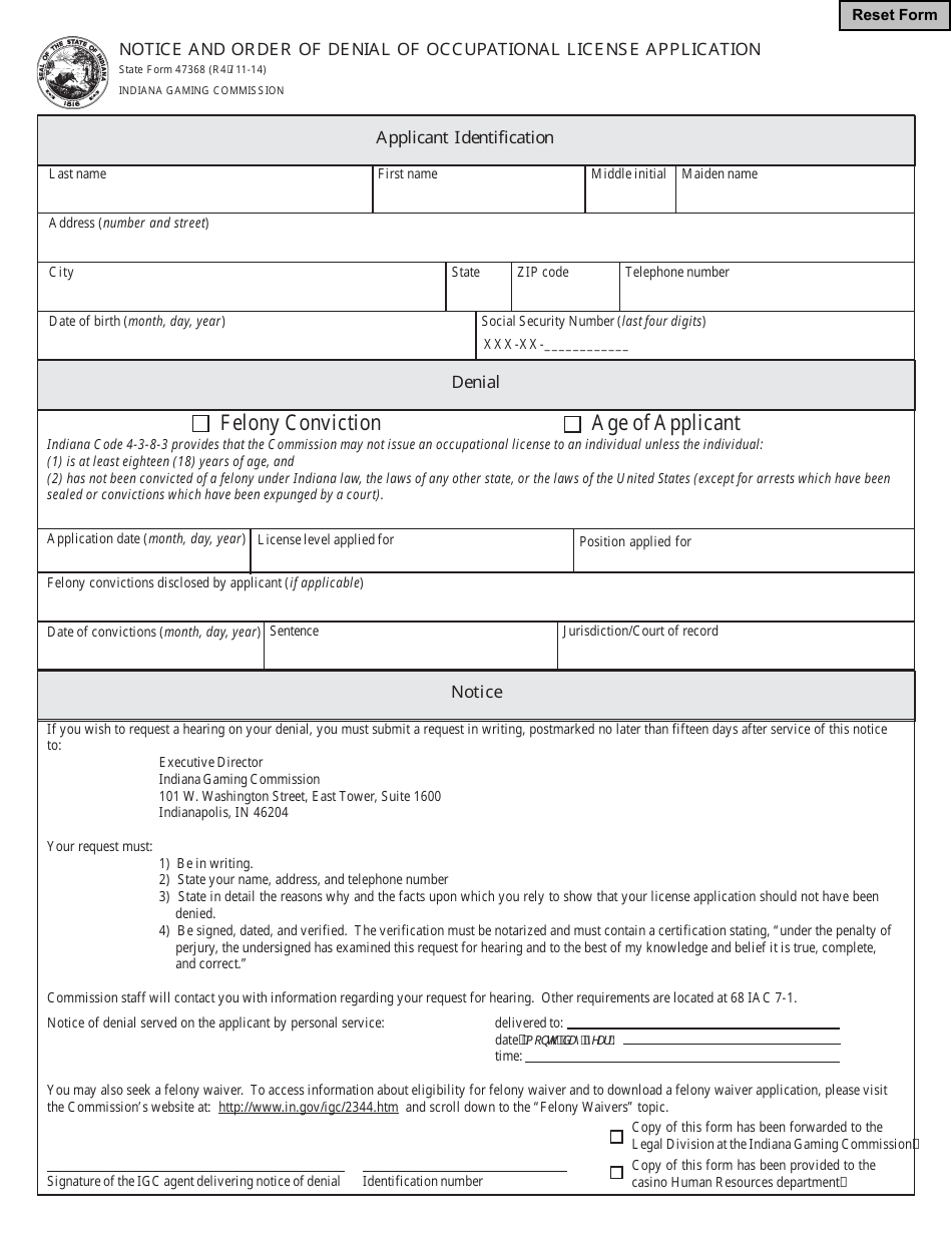 State Form 47368 Notice and Order of Denial of Occupational License Application - Indiana, Page 1