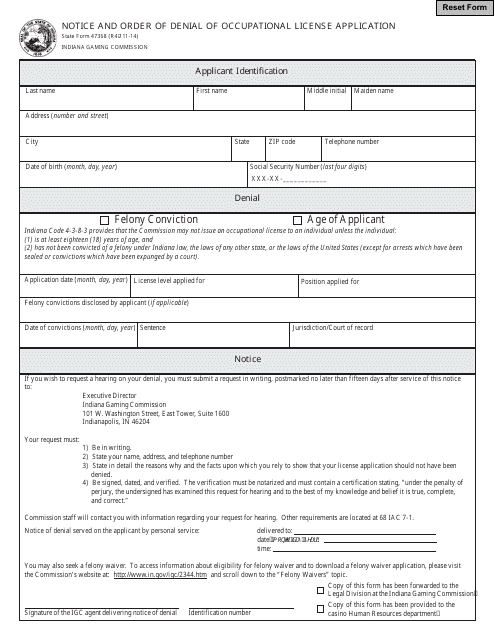 State Form 47368 Notice and Order of Denial of Occupational License Application - Indiana