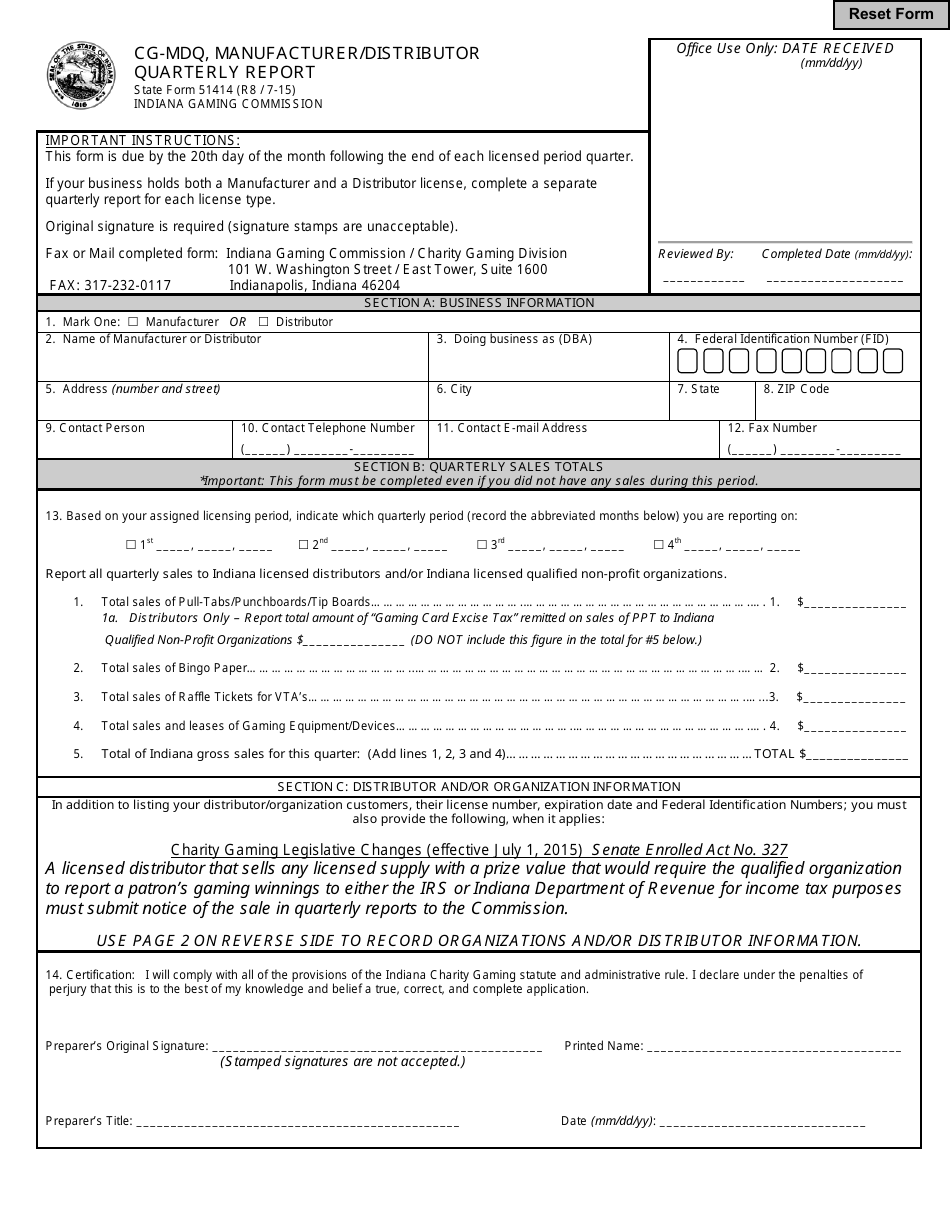 State Form 51414 Cg-Mdq, Manufacturer / Distributor Quarterly Report - Indiana, Page 1