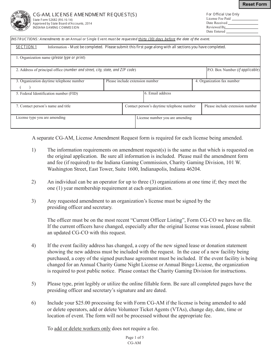 State Form 52682 Cg-Am, License Amendment Request(S) - Indiana, Page 1