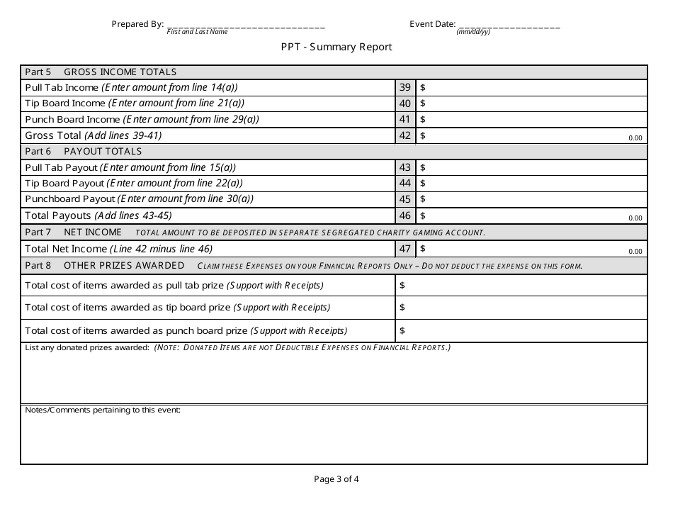 State Form 54735 Annual Ppt (Pull Tab / Punchboard / Tip Board) - Event Summary Report - Indiana, Page 3