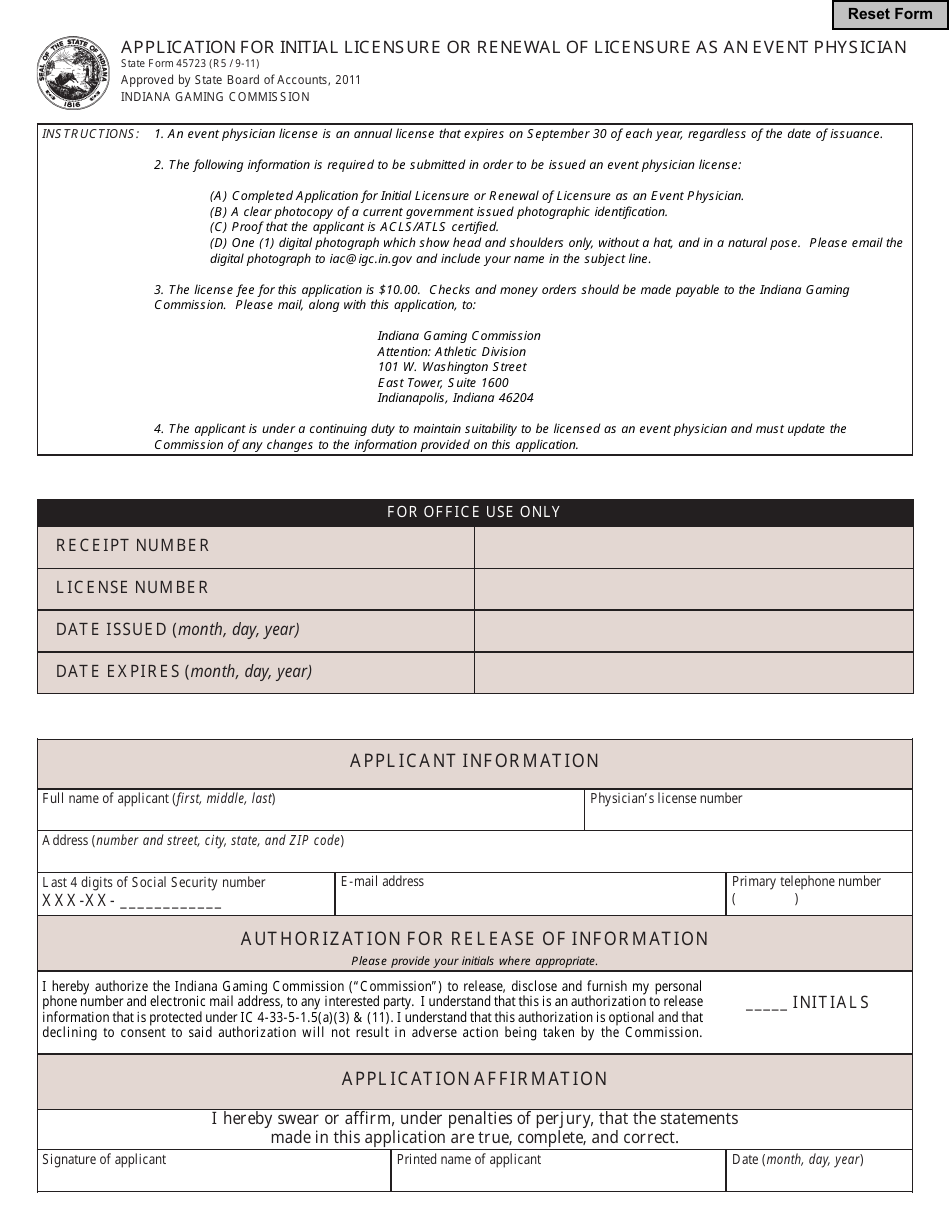 State Form 45723 Application for Initial Licensure or Renewal of Licensure as an Event Physician - Indiana, Page 1
