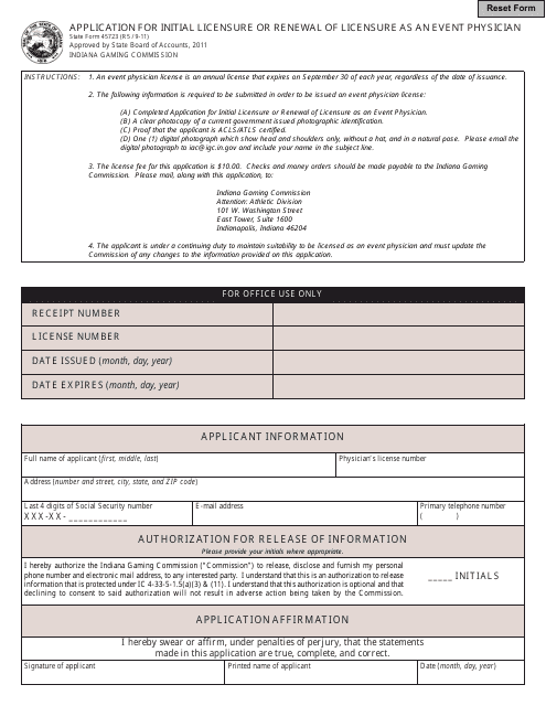 State Form 45723 Application for Initial Licensure or Renewal of Licensure as an Event Physician - Indiana