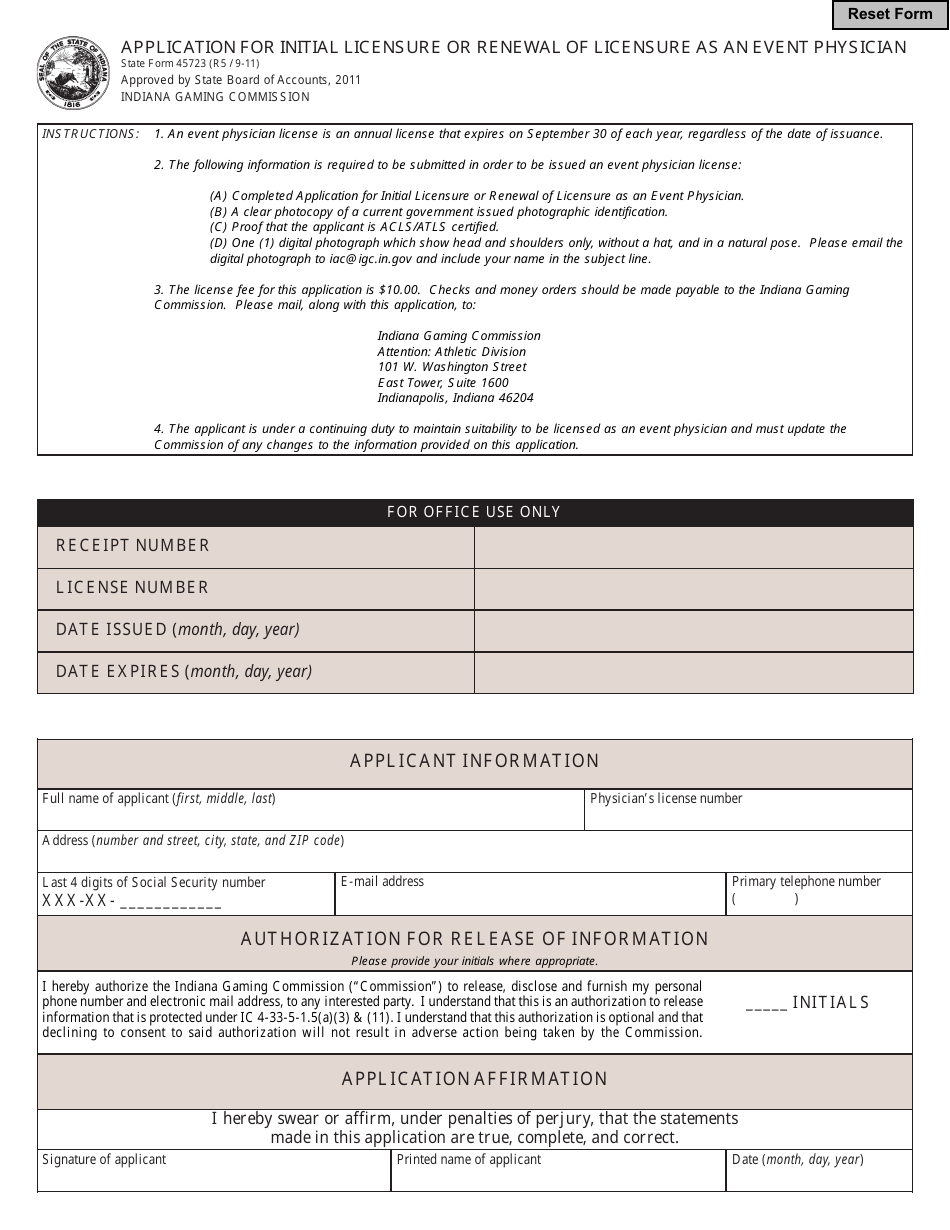 State Form 45723 Download Fillable PDF or Fill Online Application for ...