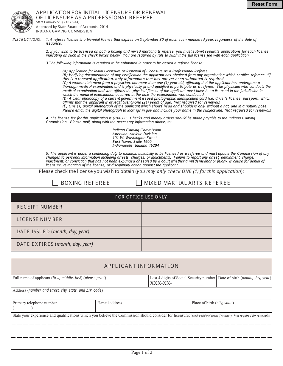 State Form 45728 Application for Initial Licensure or Renewal of Licensure as a Professional Referee - Indiana, Page 1