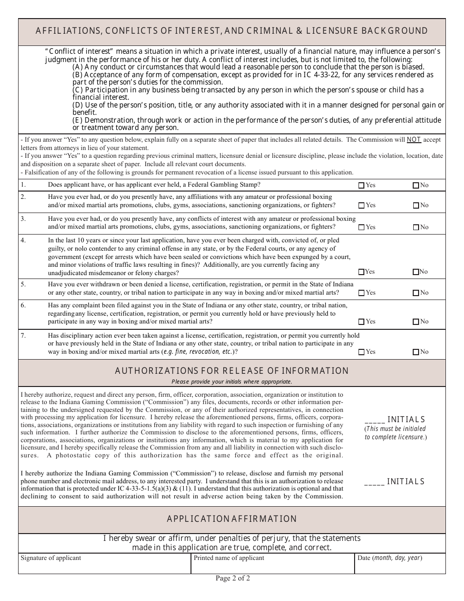 State Form 45728 Application for Initial Licensure or Renewal of Licensure as a Professional Referee - Indiana, Page 2