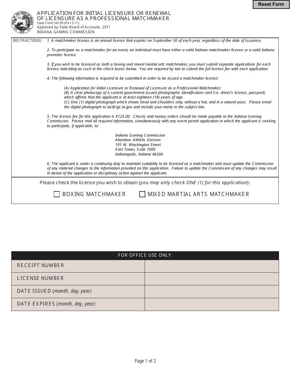 State Form 54128 Application for Initial Licensure or Renewal of Licensure as a Professional Matchmaker - Indiana, Page 1
