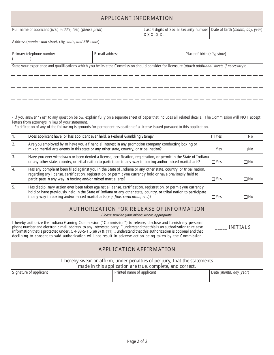 State Form 54128 Application for Initial Licensure or Renewal of Licensure as a Professional Matchmaker - Indiana, Page 2
