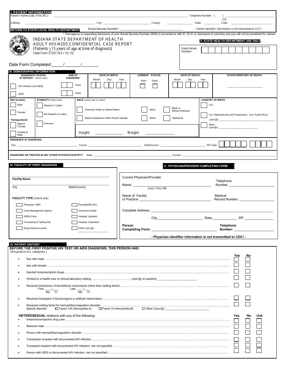 State Form 51201 Adult HIV / AIDS Confidential Case Report - Indiana, Page 1