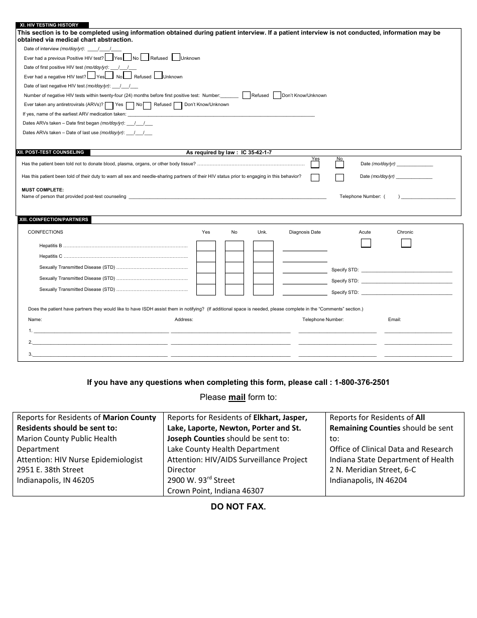 State Form 51201 Adult HIV / AIDS Confidential Case Report - Indiana, Page 3