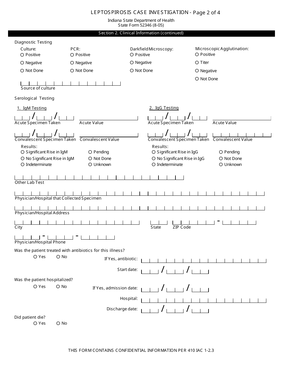 State Form 52346 Leptospirosis Case Investigation - Indiana, Page 2