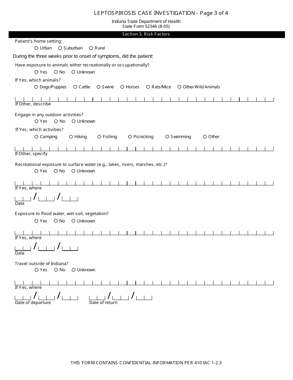 State Form 52346 Leptospirosis Case Investigation - Indiana, Page 3