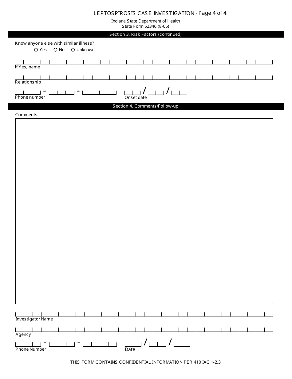 State Form 52346 Leptospirosis Case Investigation - Indiana, Page 4