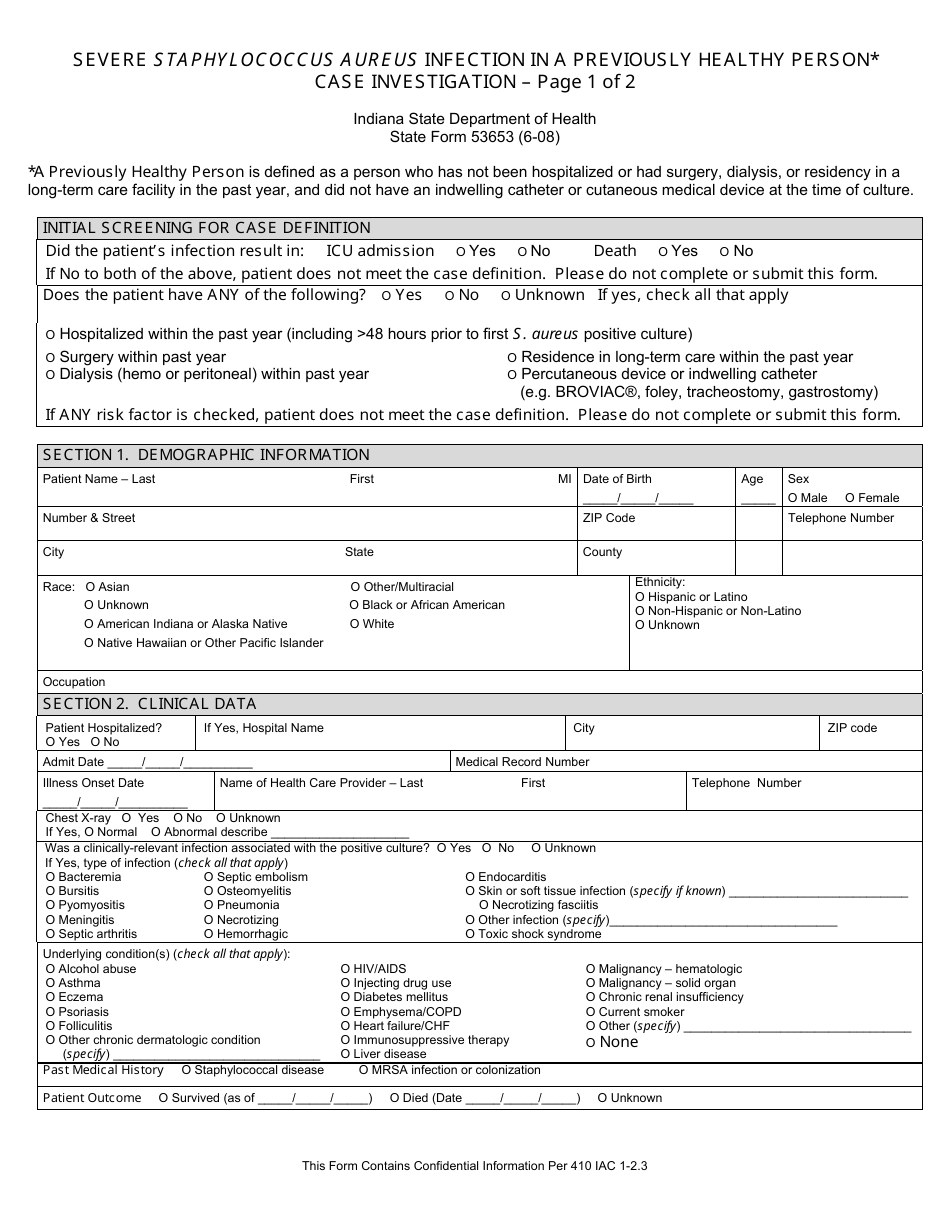 State Form 53653 Severe Staphylococcus Aureus Infection in a Previously Healthy Person Case Investigation - Indiana, Page 1