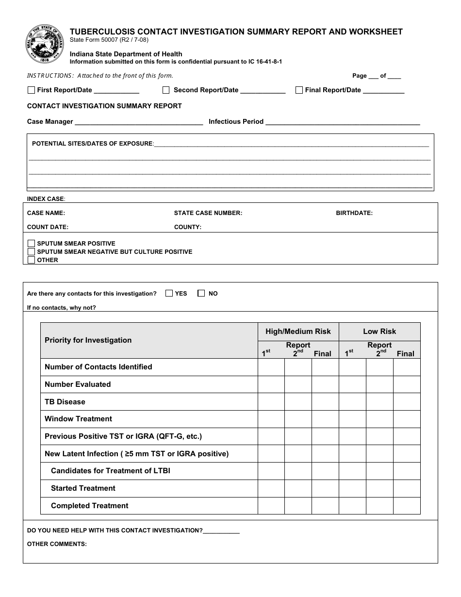 State Form 50007 Tuberculosis Contact Investigation Summary Report and Worksheet - Indiana, Page 1