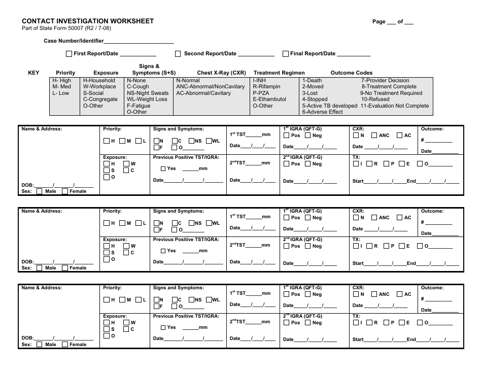 State Form 50007 Tuberculosis Contact Investigation Summary Report and Worksheet - Indiana, Page 2
