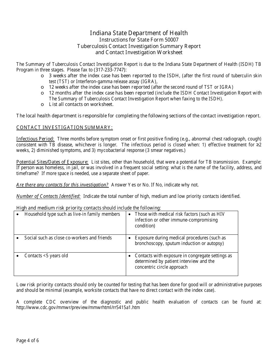 State Form 50007 Tuberculosis Contact Investigation Summary Report and Worksheet - Indiana, Page 4