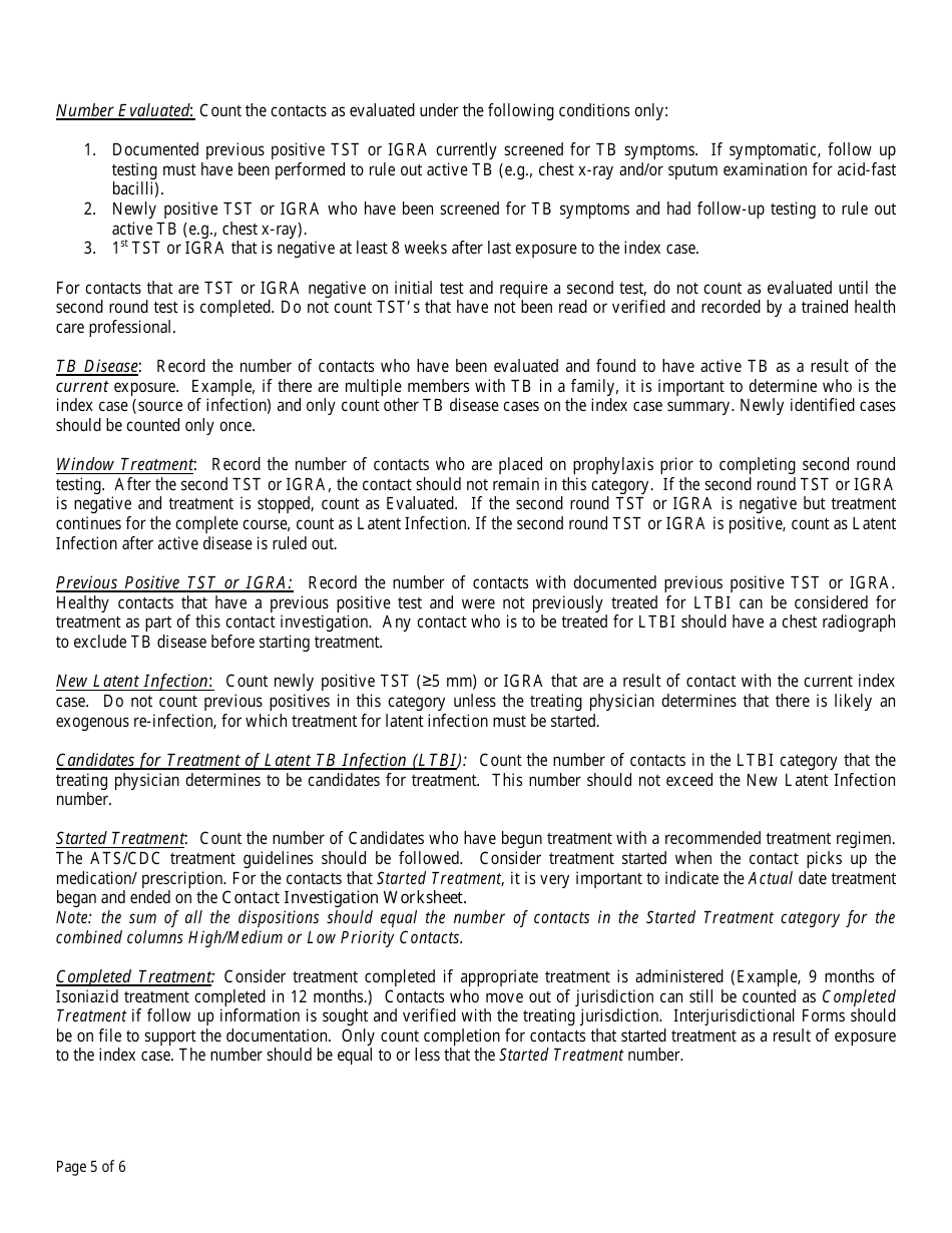 State Form 50007 Tuberculosis Contact Investigation Summary Report and Worksheet - Indiana, Page 5