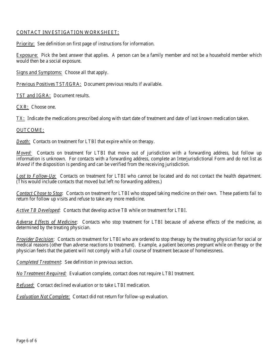 State Form 50007 Tuberculosis Contact Investigation Summary Report and Worksheet - Indiana, Page 6
